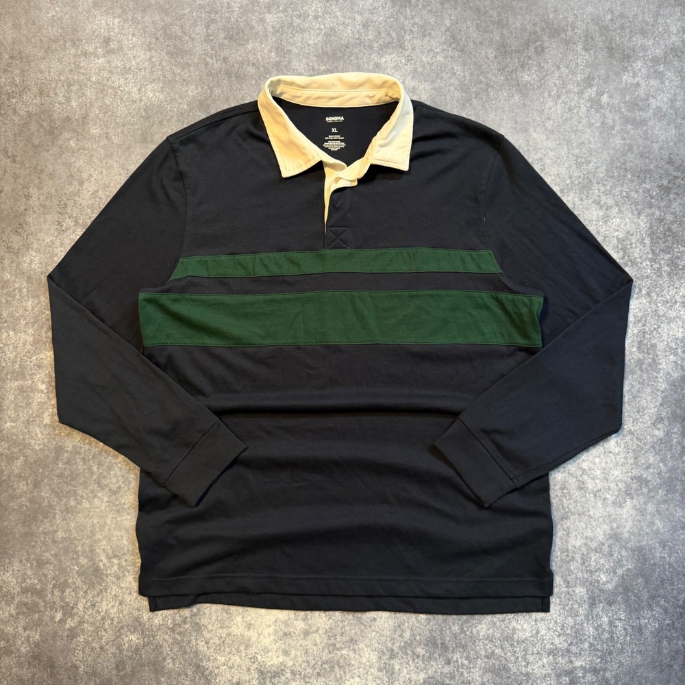 Sonoma Mens XL Rugby Polo Shirt Long Sleeve Navy Blue Green Striped Cotton Blend
